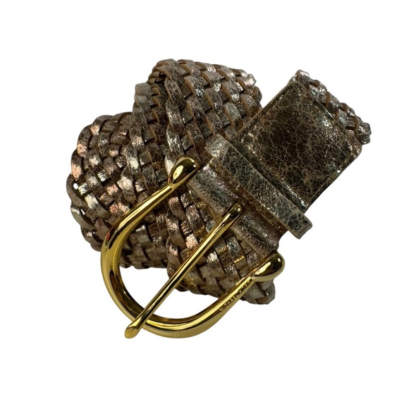MICHAEL KORS LEATHER Woven Braided Boho Metallic Hip Belt Chunky Gold Buckle L - Picture 1 of 7